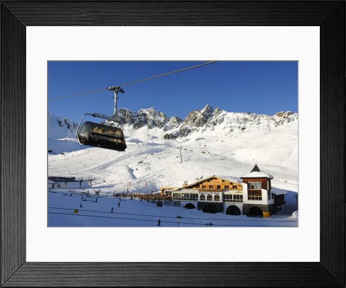 Framed Print : Gondola lift, Restaurant La Marmotte, Alpe Trida, Samnaun, Switzerland Framed Print : Gondola lift, Restaurant La Marmotte, Alpe Trida, Samnaun, Switzerland