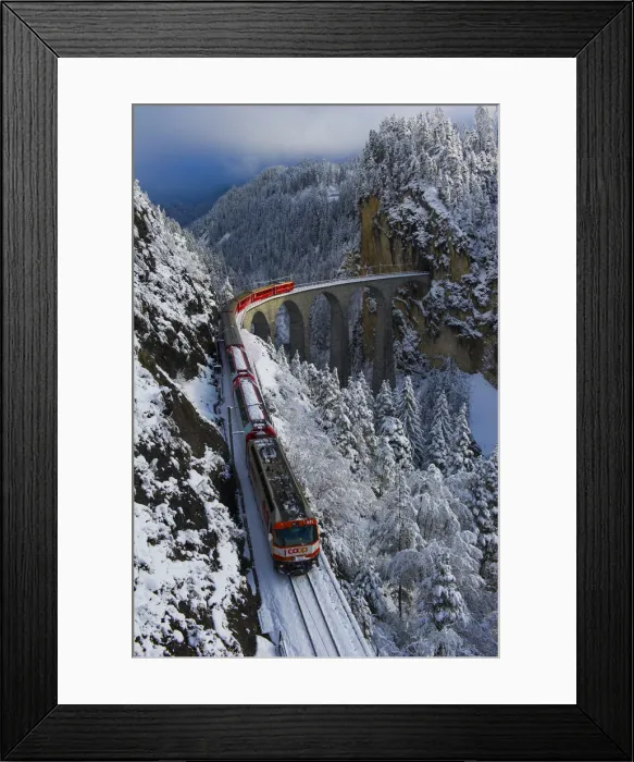 Framed Print : Iconic swiss red Bernina Express train in winter landscape and pristine snow. Swizerland Framed Print : Iconic swiss red Bernina Express train in winter landscape and pristine snow. Swizerland