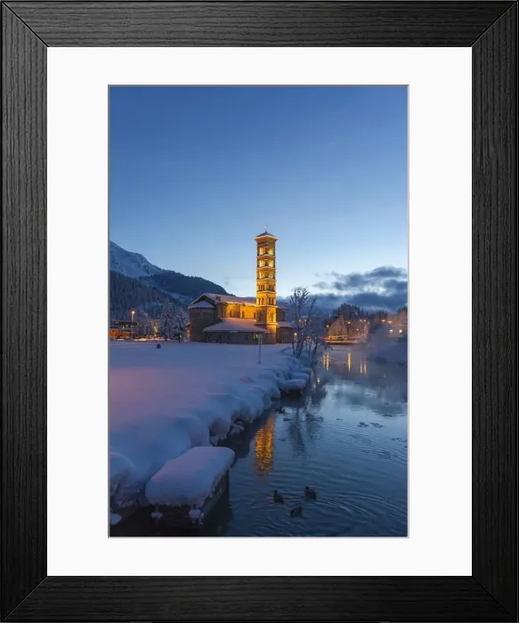 Framed Print : St. Moritz church lights at dusk with pristine snow. Engadine, Switzerland, Europe Framed Print : St. Moritz church lights at dusk with pristine snow. Engadine, Switzerland, Europe