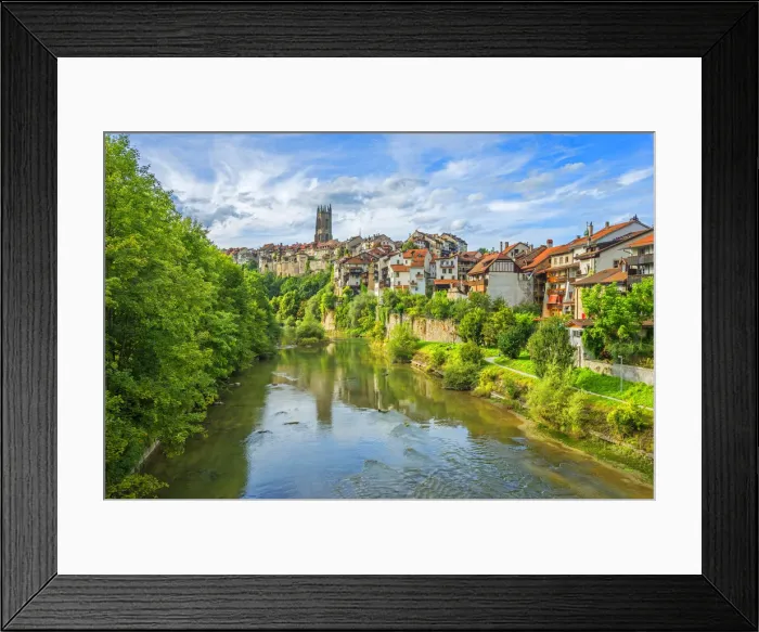 Framed Print : River Saane with old town and cathedral, Fribourg, Fribourg, Switzerland