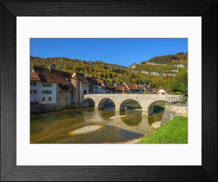 Framed Print : St. Ursanne with river Doubs, Jura, Switzerland Framed Print : St. Ursanne with river Doubs, Jura, Switzerland