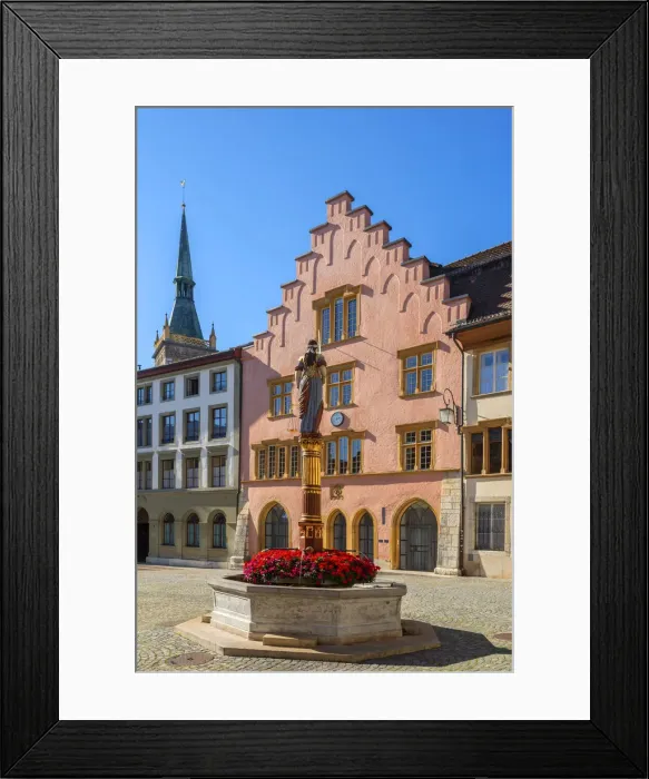 Framed Print : Justice fountain on Burgplatz with City Theater, Biel, Bern, Switzerland Framed Print : Justice fountain on Burgplatz with City Theater, Biel, Bern, Switzerland