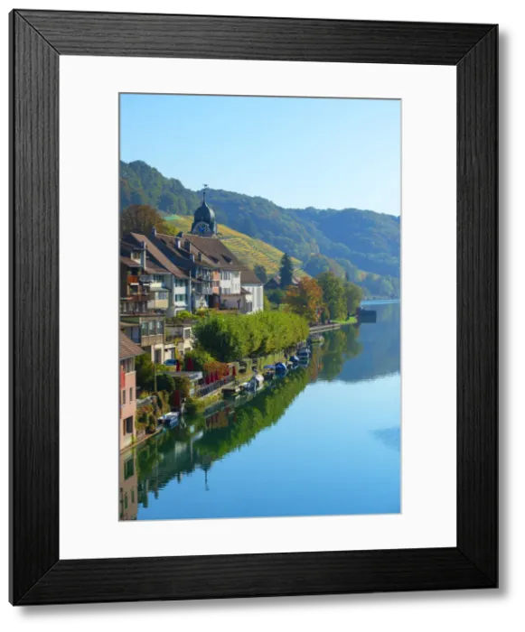 Framed Print : View at river Rhine with Eglisau, Zurich, Switzerland