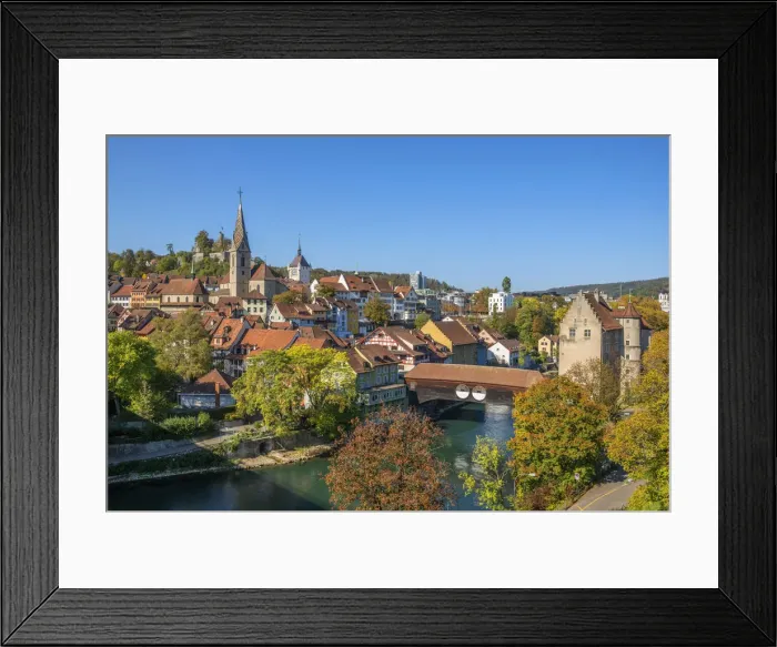 Framed Print : City church of Baden with Stein castle and wooden bridge over the river Limmat, Aargau Framed Print : City church of Baden with Stein castle and wooden bridge over the river Limmat, Aargau