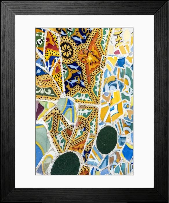 Framed Print : Detail of Gaudais mosaic work in the bench at Park Guell, Barcelona, Catalonia Framed Print : Detail of Gaudais mosaic work in the bench at Park Guell, Barcelona, Catalonia