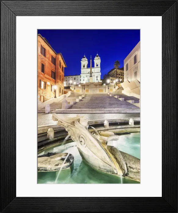 Framed Print : Italy, Rome, Spagna Square with Trinita dei Monti and Barcaccia fountain by night Framed Print : Italy, Rome, Spagna Square with Trinita dei Monti and Barcaccia fountain by night