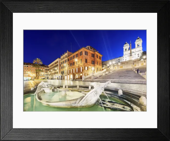 Framed Print : Italy, Rome, Spagna Square with Trinita dei Monti and Barcaccia fountain by night Framed Print : Italy, Rome, Spagna Square with Trinita dei Monti and Barcaccia fountain by night