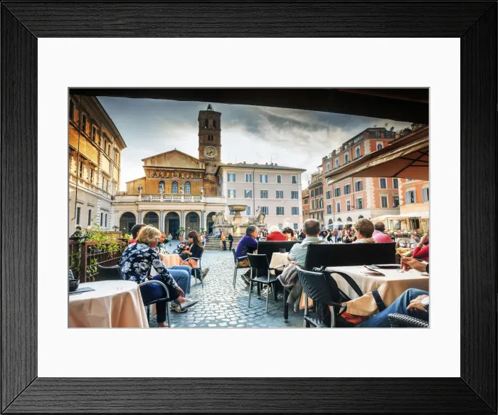 Framed Print : Italy, Rome, tourists having lunch in a restaurant in front of Santa Maria in Trastevere Framed Print : Italy, Rome, tourists having lunch in a restaurant in front of Santa Maria in Trastevere