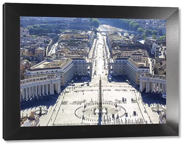 Italy, Rome, elevated view of St. Peter Basilica and Conciliazione street at sunrise