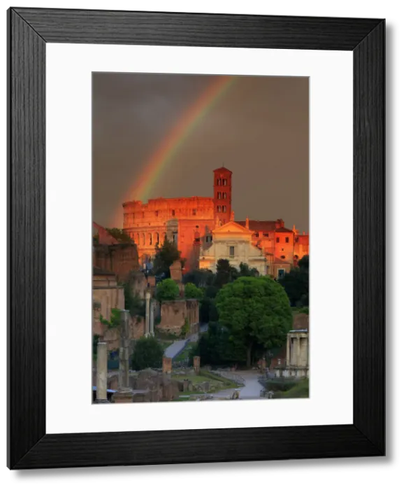 Framed Print : Italy, Rome, rainbow over Colosseum and Roman Forum at sunset Framed Print : Italy, Rome, rainbow over Colosseum and Roman Forum at sunset