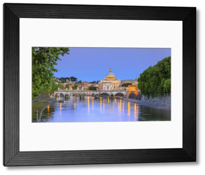 Framed Print : Italy, Rome, St. Peter Basilica by night reflecting on Tevere river