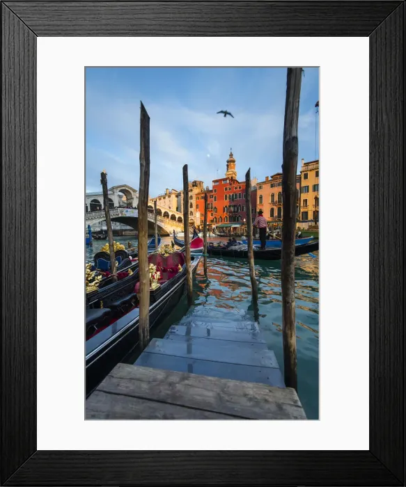 Framed Print : Moored gondolas in front of the Rialto bridge at sunset. Venice, Veneto, Italy Framed Print : Moored gondolas in front of the Rialto bridge at sunset. Venice, Veneto, Italy