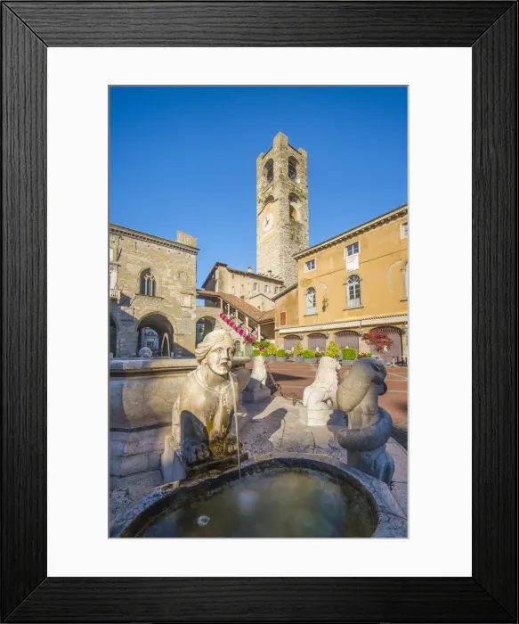 Framed Print : Bergamo, Lombardy, Italy. Sunrise over Old Square (Piazza Vecchia)