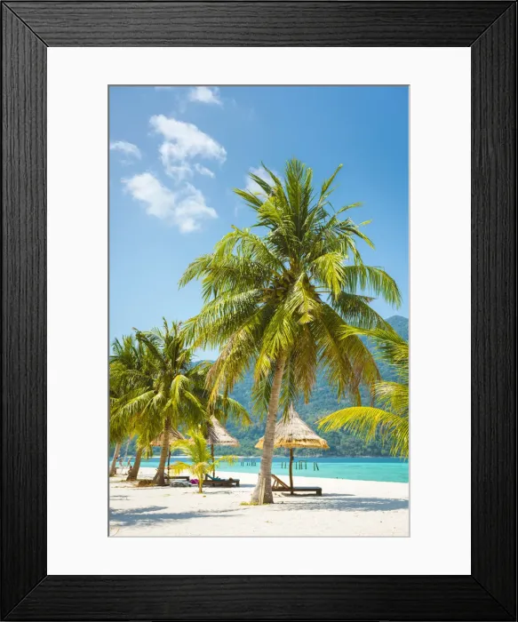 Framed Print : Ko Lipe, Satun Province, Thailand. Sunbeds with nipa umbrella on the beach