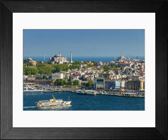 Framed Print : City skyline with Hagia Sophia and Sultan Ahmed Mosque or Blue Mosque, Istanbul, Turkey