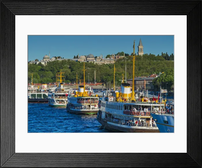 Framed Print : Moored passenger ferries at Eminonu quay with Topkapi Palace in the background, Istanbul Framed Print : Moored passenger ferries at Eminonu quay with Topkapi Palace in the background, Istanbul
