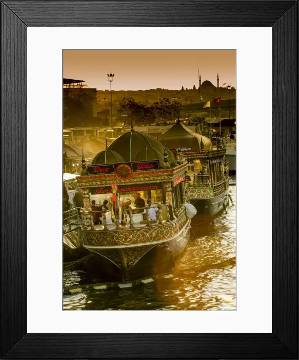 Framed Print : Floating restaurants boats near Galata Bridge at sunset, Istanbul, Turkey Framed Print : Floating restaurants boats near Galata Bridge at sunset, Istanbul, Turkey