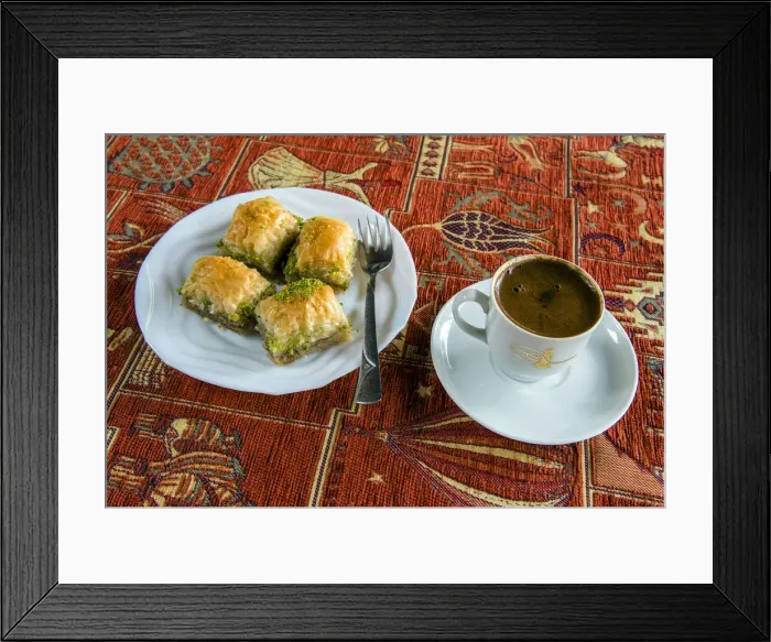 Framed Print : Plate with traditional baklava Turkish sweet and cup of Turkish coffee Framed Print : Plate with traditional baklava Turkish sweet and cup of Turkish coffee