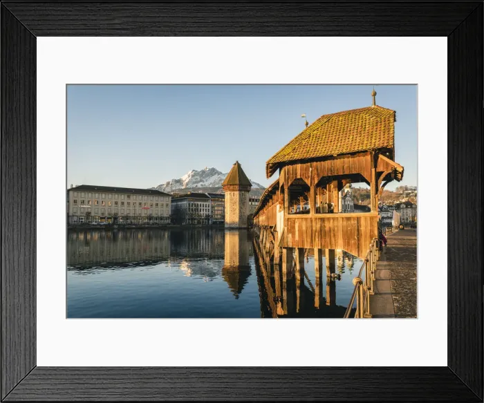 Framed Print : Lucerne, Switzerland. KapellbrAocke (Chapel Bridge) on Reuss river and mount Pilatus Framed Print : Lucerne, Switzerland. KapellbrAocke (Chapel Bridge) on Reuss river and mount Pilatus