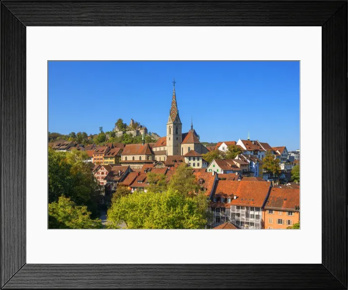 Framed Print : City church of Baden with Stein castle, Aargau, Switzerland Framed Print : City church of Baden with Stein castle, Aargau, Switzerland