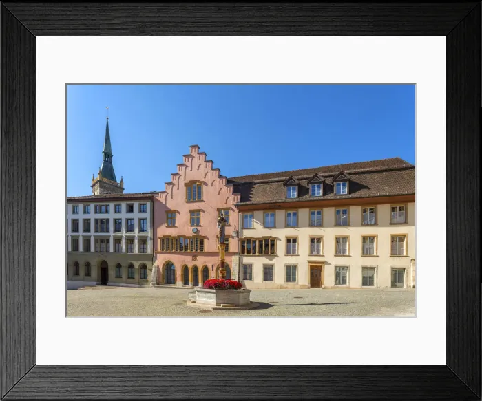 Framed Print : Justice fountain on Burgplatz with City Theater, Biel, Bern, Switzerland Framed Print : Justice fountain on Burgplatz with City Theater, Biel, Bern, Switzerland