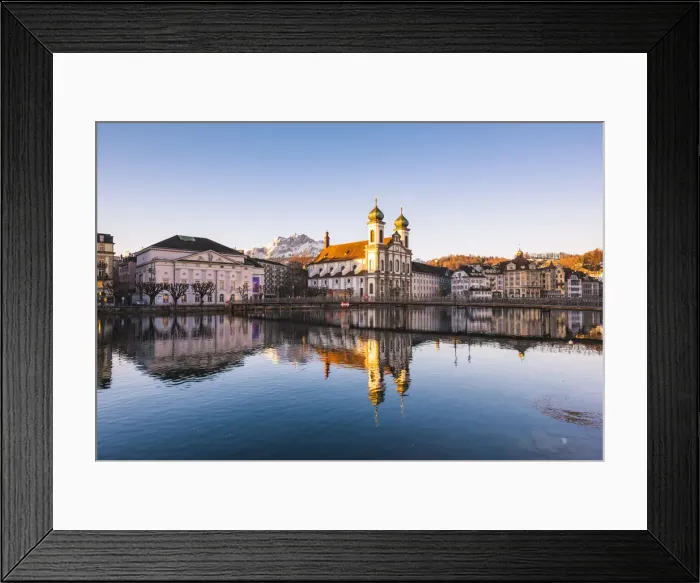 Framed Print : Lucerne, Switzerland. Jesuit church and Reuss rivers waterfront at sunrise Framed Print : Lucerne, Switzerland. Jesuit church and Reuss rivers waterfront at sunrise