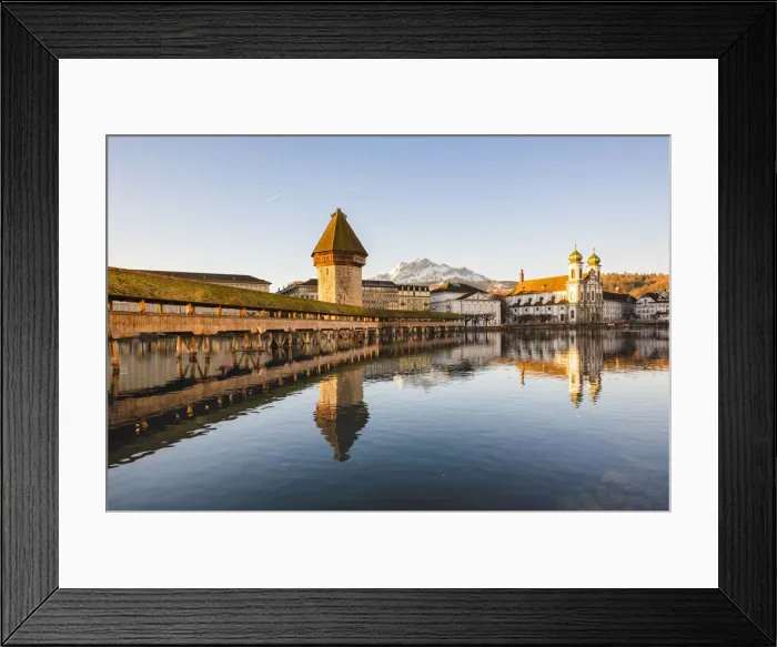 Framed Print : Lucerne, Switzerland. KapellbrAocke (Chapel Bridge), Jesuit church and mount Pilatus