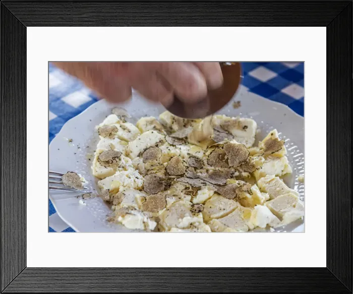 Framed Print : italy, Piedmont, black summer truffles over fresh cheese Framed Print : italy, Piedmont, black summer truffles over fresh cheese