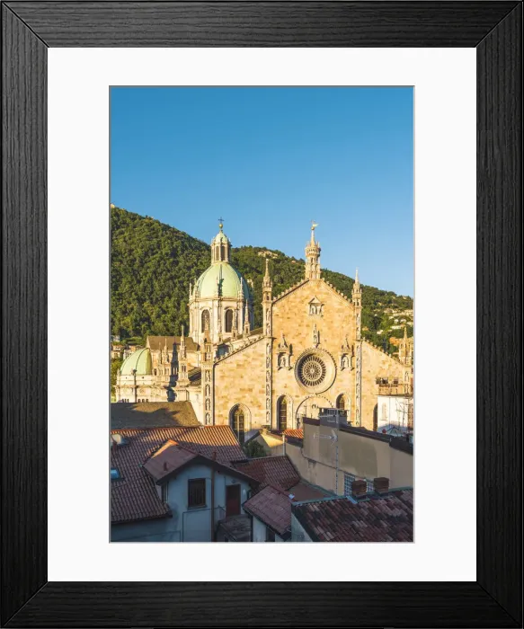 Framed Print : Como, Lombardy, Italy. High angle view of the tiled roofs and the Como Cathedral facade Framed Print : Como, Lombardy, Italy. High angle view of the tiled roofs and the Como Cathedral facade