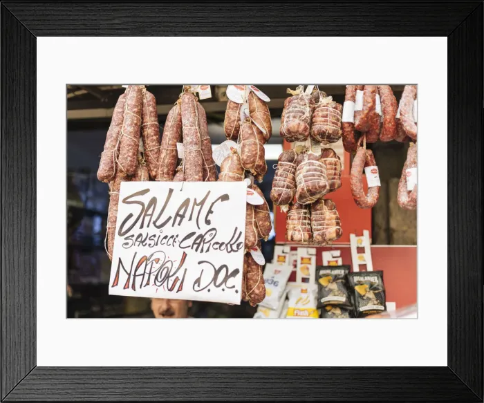 Framed Print : Salami and cured hams for sale at stall, Naples, Italy, Europe Framed Print : Salami and cured hams for sale at stall, Naples, Italy, Europe