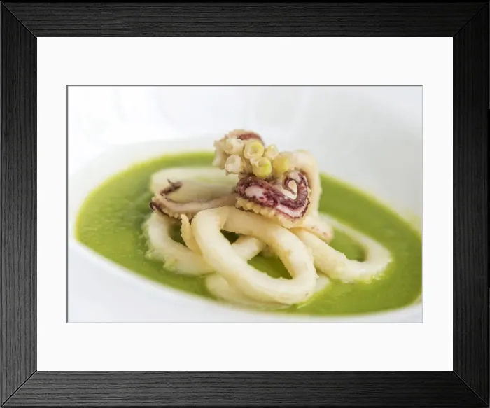 Framed Print : italy, Liguria. Seafood dinner with octopus on pea cream Framed Print : italy, Liguria. Seafood dinner with octopus on pea cream