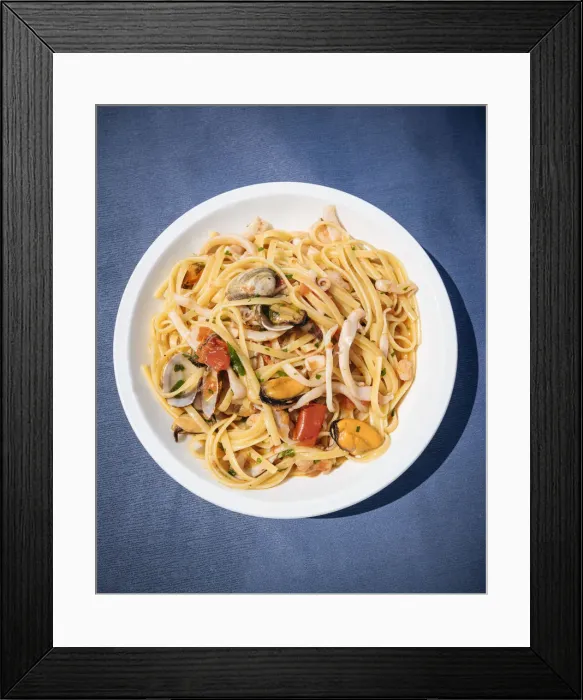 Framed Print : Traditional dish of seafood linguine at La Rotonda Restaurant, Savelletri, Puglia Framed Print : Traditional dish of seafood linguine at La Rotonda Restaurant, Savelletri, Puglia