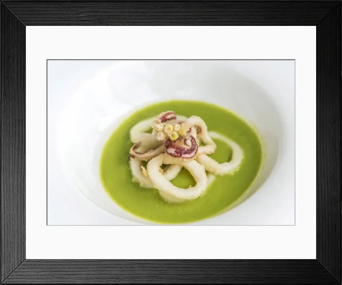 Framed Print : italy, Liguria. Seafood dinner with octopus on pea cream Framed Print : italy, Liguria. Seafood dinner with octopus on pea cream