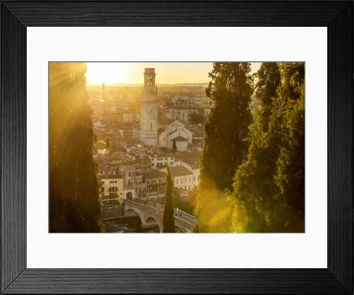 Framed Print : europe, Italy, Veneto. Verona, view over the town at sunset from castle san Pietro