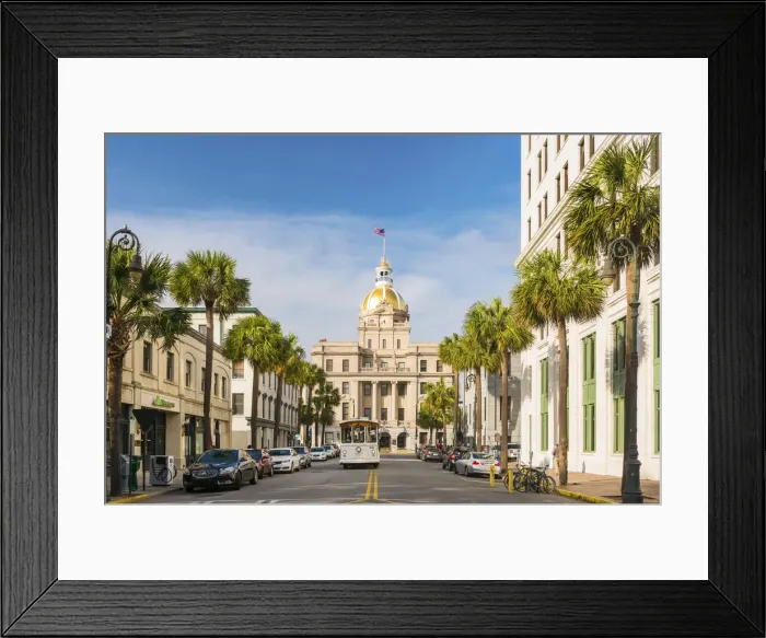 Framed Print : USA, Georgia, Savannah, Tram passing the town hall Framed Print : USA, Georgia, Savannah, Tram passing the town hall