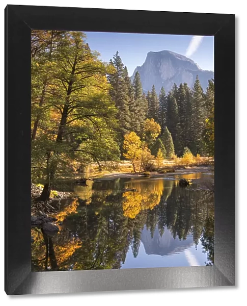 Half Dome and the Merced River surrounded by fall foliage, Yosemite National Park