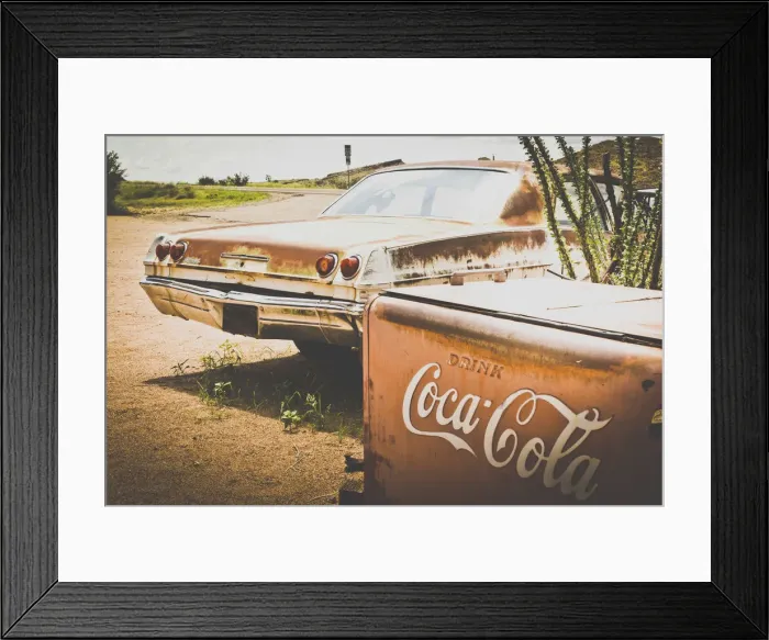 Framed Print : USA, Route 66, details of an old rugged Coca Cola fridge and car, vintage processing