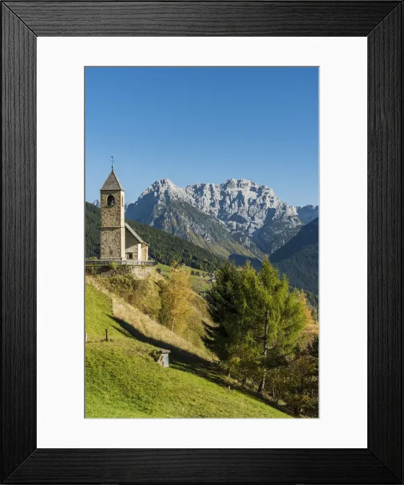 Framed Print : San Leonardo church with the Dolomites in the background, Comelico Superiore, Veneto Framed Print : San Leonardo church with the Dolomites in the background, Comelico Superiore, Veneto
