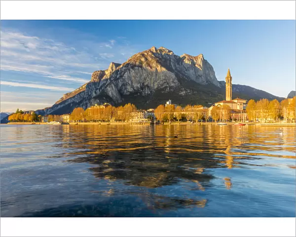 Lecco, lake Como, Lombardy, Italy. Cityscape and Mount St Martin at sunset