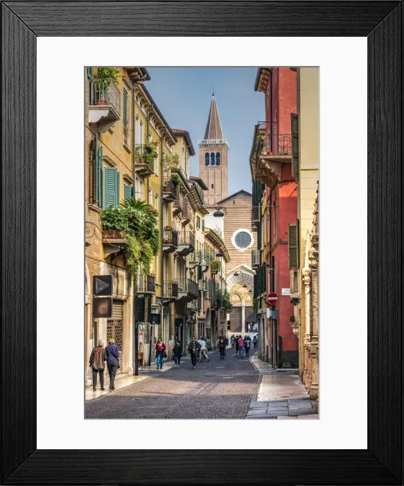 Framed Print : Cobblestone street in the historical city center with SantaaAnastasia church in