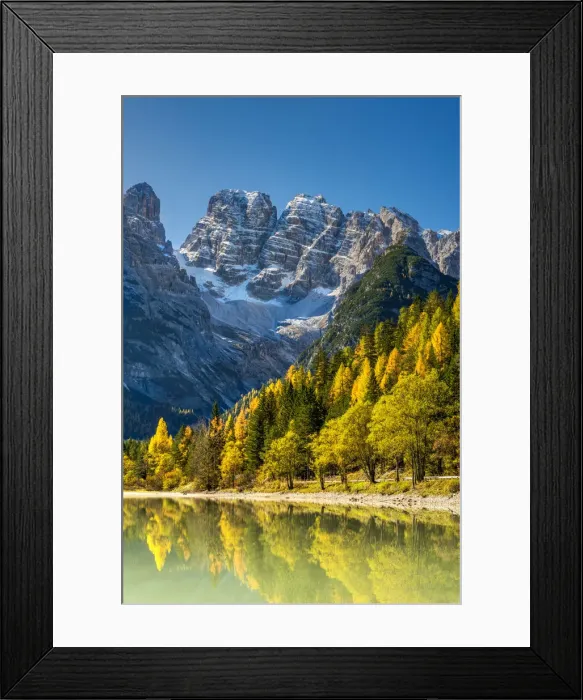 Framed Print : Lake Landro or Durrensee with Cristallo mountain group in a scenic autumn landscape Framed Print : Lake Landro or Durrensee with Cristallo mountain group in a scenic autumn landscape