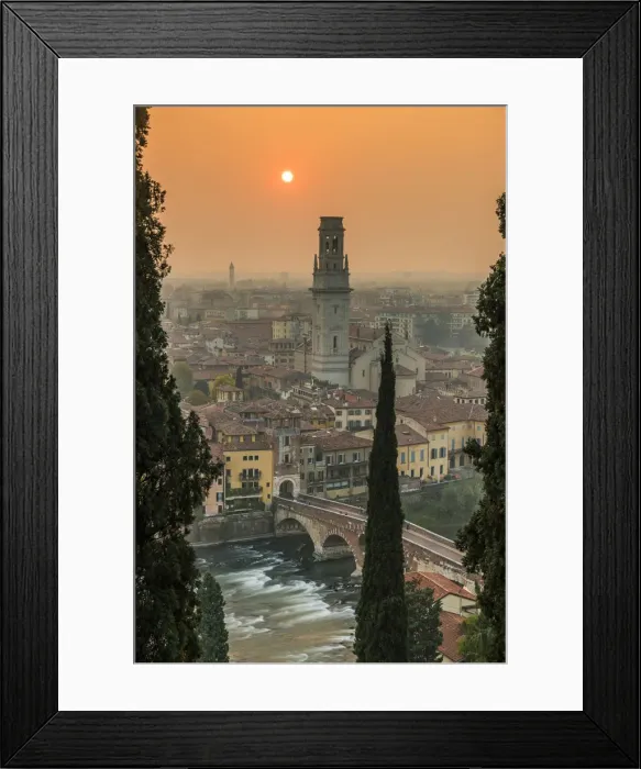 Framed Print : Misty sunset and city skyline, Verona, Veneto, Italy
