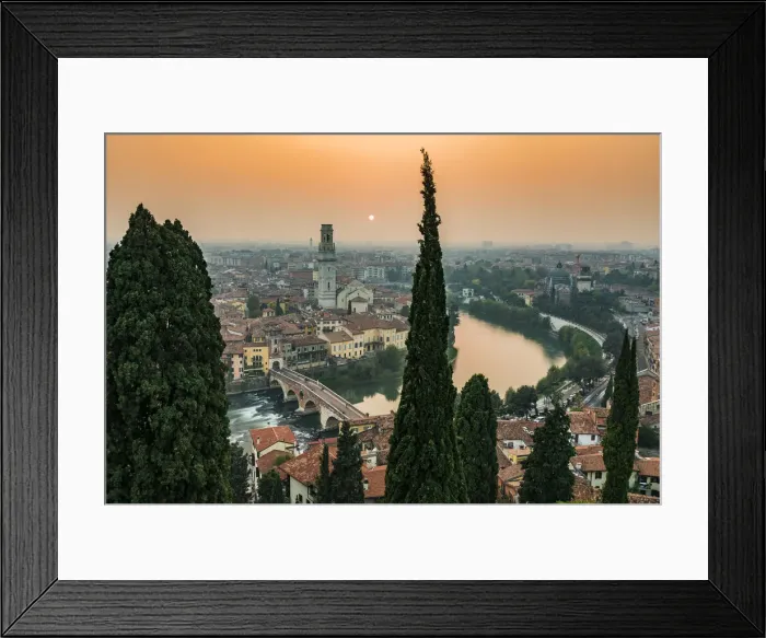 Framed Print : Misty sunset and city skyline, Verona, Veneto, Italy Framed Print : Misty sunset and city skyline, Verona, Veneto, Italy