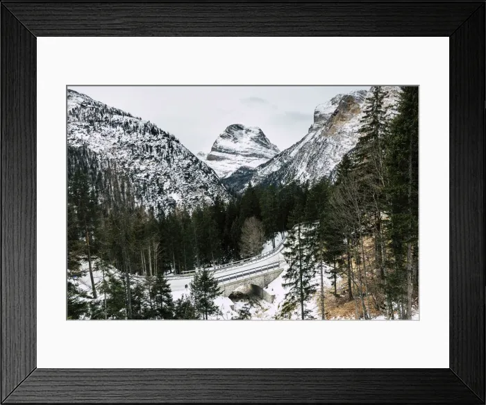 Framed Print : Winter landscape and bridge, Dolomites Alps, Alto Adige, Italy Framed Print : Winter landscape and bridge, Dolomites Alps, Alto Adige, Italy