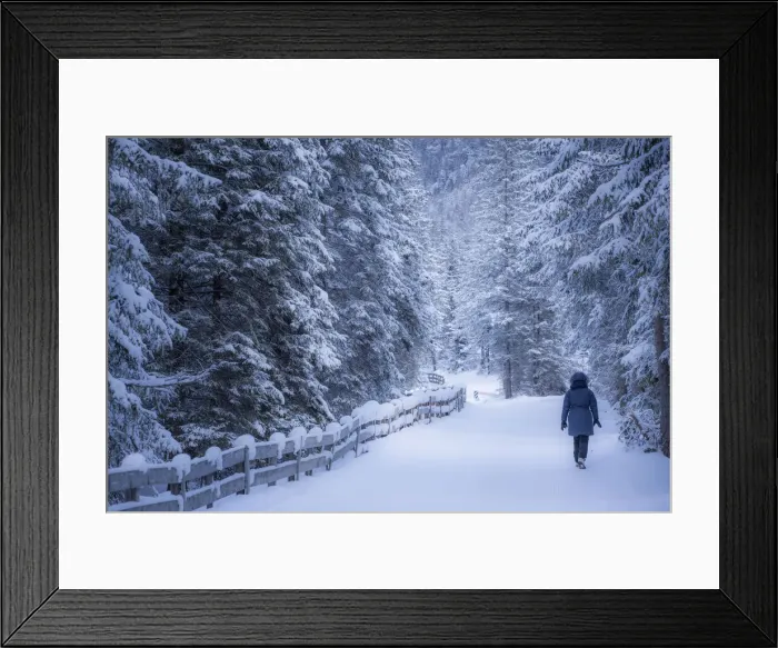 Framed Print : Lonely girl walking on a snowy path, winter landscape, Dolomites Alps, Italy Framed Print : Lonely girl walking on a snowy path, winter landscape, Dolomites Alps, Italy