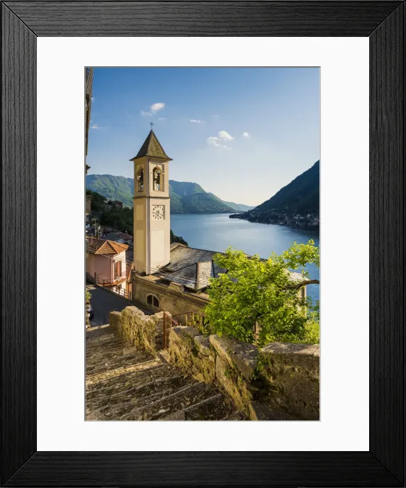 Framed Print : Careno, lake Como, Como province, Lombardy, Italy. The towns bell tower and the lake Framed Print : Careno, lake Como, Como province, Lombardy, Italy. The towns bell tower and the lake