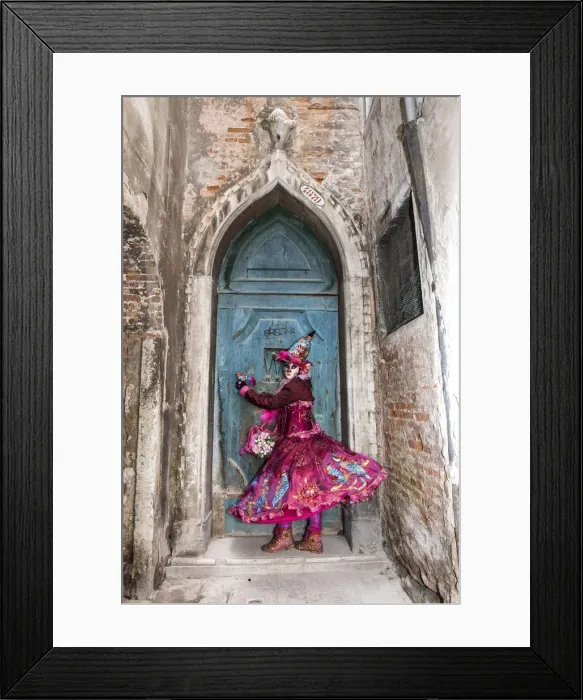 Framed Print : Woman in costume at blue door during Venice Carnival, Venice, Veneto, Italy Framed Print : Woman in costume at blue door during Venice Carnival, Venice, Veneto, Italy