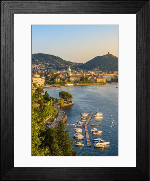 Framed Print : Como, Lombardy, Italy. High angle view cityscape of Como and the lake front, with Framed Print : Como, Lombardy, Italy. High angle view cityscape of Como and the lake front, with
