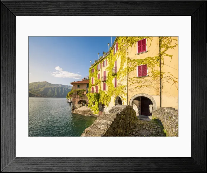 Framed Print : Nesso, lake Como, Como province, Italy. Lake shore from the roman stone bridge Framed Print : Nesso, lake Como, Como province, Italy. Lake shore from the roman stone bridge