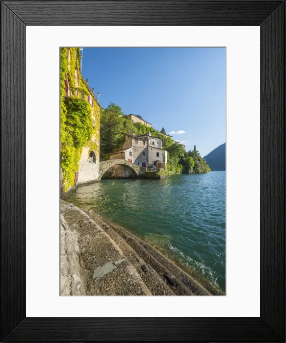 Framed Print : Nesso, lake Como, Como province, Italy. Lake shore and the roman stone bridge Framed Print : Nesso, lake Como, Como province, Italy. Lake shore and the roman stone bridge